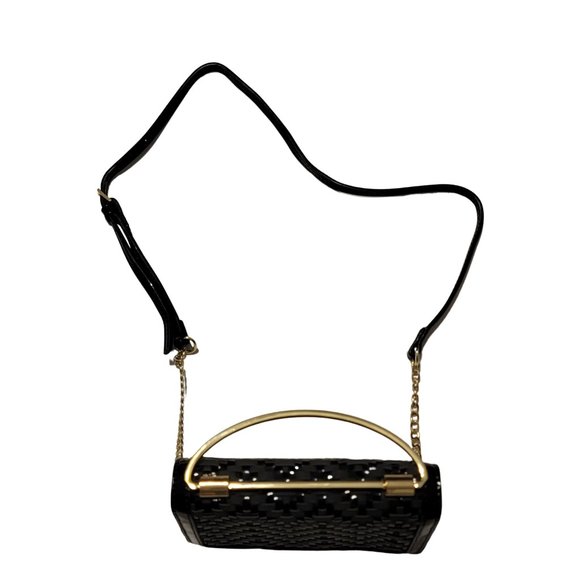 BCBGeneration Shiny Black Evening/Clutch Purse with Strap & Gold Metal Handle - Picture 9 of 10